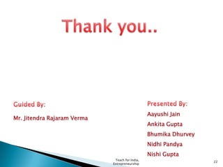 Teach for India,
Entrepreneurship
22
Mr. Jitendra Rajaram Verma
Aayushi Jain
Ankita Gupta
Bhumika Dhurvey
Nidhi Pandya
Nishi Gupta
 