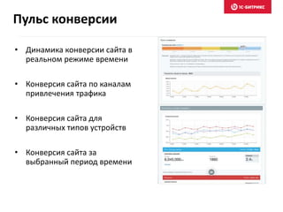 • Динамика конверсии сайта в
реальном режиме времени
• Конверсия сайта по каналам
привлечения трафика
• Конверсия сайта для
различных типов устройств
• Конверсия сайта за
выбранный период времени
Пульс конверсии
 