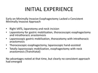 INITIAL EXPERIENCE
Early on Minimally Invasive Esophagectomy Lacked a Consistent
Minimally Invasive Approach
• Right VATS, laparotomy and neck incision
• Laparotomy for gastric mobilization, thoracoscopic esophagectomy
and intrathoracic anastomosis
• Laparoscopic gastric mobilization, thoracotomy with intrathoracic
anastomosis
• Thoracoscopic esophagectomy, laparoscopic hand-assisted
• Totally laparoscopic mobilization, esophagectomy with neck
anastomosis (Transhiatal)
No advantages noted at that time, but clearly no consistent approach
had emerged
 