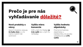 Prečo je pre nás
vyhľadávanie dôležité?
Nové produkty a
názvy
Search Analytics ukazuje,
čo ľudia chcú, a o čo
máme rozšíriť náš
sortiment
Vyššia miera
konverzie
CVR u tých čo hľadajú je
2.6x vyšší ako u tých čo
nehľadajú
Vyššia hodnota
objednávky
Priemerná hodnota
objednávky u
návštevníkov, čo použijú
vyhľadávanie je o 9%
vyššia
11
 