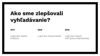 Ako sme zlepšovali
vyhľadávanie?
2017
Luigi's Box: Search
Analytics
2018
Luigi's Box: Autocomplete
2019
Luigi's Box: Search
with Query Understanding
 