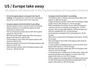 US / Europe take away
©iVentures Consulting 2015
•  US and European players are equal in the Top 20
ranking: 10 US players are in the Top 20. 10 European
players are in the Top 20 (4 FR, 5 UK, 1 German).
•  European players tend to be better in providing:
-  Delivery options to their customers (62% of European
players provide 2 or more delivery options to their
customers Vs. 36% for US).
-  Pick up at home for product return (36% of European
players Vs. 23% for US).
-  QR code scan through mobile App (30% of European
players with stores Vs. 14% for US).
-  Click & Collect in store (42% of European players with
stores Vs. 36% for US).
-  Reserve & Collect in store (12% of European players with
stores Vs. 6% for US).
-  Editorial & tips sections (63% of European players with
stores Vs. 34% for the US).
•  US players tend to be better in providing:
-  Free delivery with or without minimal amount (94% of US
players Vs. 68% for Europe).
-  Longer window for product return (47% of US players allow
product return after 30 days Vs. 11% for Europe).
-  Wider availability of customer service: 80% of US players’
customer service are available on Sundays (Vs. 31% for
Europe), 78% are open after 8PM (Vs. 25% for Europe) and
58% are available 24/7 (Vs. 11% for Europe).
-  Personalization of website (17% of US players Vs. 9% for
Europe)
-  More return in store (67% of US players with stores Vs.44%
for Europe).
-  More exchange in store (56% of US players with stores Vs.
42% for Europe)
-  In-store product availability feature on the site (42% of US
players with stores Vs. 37% for Europe).
-  Barcode scan through mobile App (36% of US players with
stores Vs. 30 % for Europe).
-  In-store features on mobile such as information, maps and
promotional oﬀers once shopper is in store (14% of US
players with stores vs. 0 to 2% in Europe).
-  Online magazines and blogs (66% of US players with stores
Vs. 58% for Europe) and inspirational images (60% of US
players with stores Vs. 44% for Europe).
10
US players still dominate in the implementation of innovative features
 