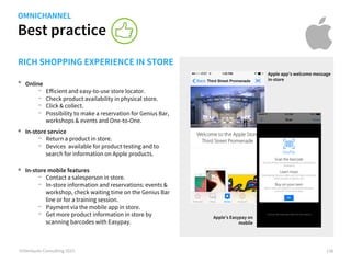 Best practice
©iVentures Consulting 2015
RICH SHOPPING EXPERIENCE IN STORE
136
Apple app’s welcome message
in-store
OMNICHANNEL
Apple’s Easypay on
mobile
•  Online
-  Eﬀicient and easy-to-use store locator.
-  Check in-store product availability.
-  Click & collect.
-  Possibility to make a reservation for Genius Bar,
workshops & events and One-to-One.
•  In-store service
-  Return a product in store.
-  Devices available for product testing and to
search for information on Apple products.
•  In-store mobile features
-  Contact a salesperson in store.
-  In-store information and reservations: events &
workshop, check waiting time on the Genius Bar
line or for a training session.
-  Payment via the mobile app in store.
-  Get more product information in store by
scanning barcodes with Easypay.
 