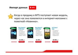 Импорт  данных
Когда  в  продажу  в  MTS  поступает  новая  модель,  
через  час  она  появляется  в  интернет-­‐магазине  с  
пометкой  «Новинка».  
 