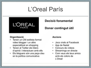L’Oreal París
                                    Decisió fonamental

                                    Donar contingut útil

Organització                             Accions
• Tenen un CM estilista format
  video blogger i un altre               •   Jocs virals al Facebook
  especialitzat en shopping              •   App de Nadal
• Tenen al Twitter els líders            •   Concurs de vídeos
  d’opinió i interactuen amb ells        •   Streamings en directe
• Els bloguers són una peça clau         •   Com veus els teus amics
  en la política comunicativa                amb els colors de
                                             L’Oreal
 