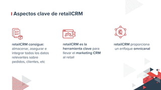 Aspectos clave de retailCRM
retailCRM consigue:
almacenar, asegurar e
integrar todos los datos
relevantes sobre
pedidos, clientes, etc
retailCRM es la
herramienta clave para
llevar el marketing CRM
al retail
retailCRM proporciona
un enfoque omnicanal
 