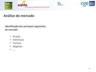 Análise do mercado 
Identificação dos principais segmentos 
de mercado 
•Grupos 
•Individuais 
•Turismo 
•Negócios 
•… 
16  