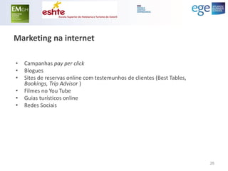 Marketing na internet 
•Campanhas pay per click 
•Blogues 
•Sites de reservas online com testemunhos de clientes (Best Tables, Bookings, Trip Advisor ) 
•Filmes no You Tube 
•Guias turísticos online 
•Redes Sociais 
26  