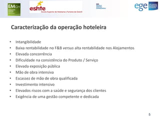 Caracterização da operação hoteleira 
•Intangibilidade 
•Baixa rentabilidade no F&B versus alta rentabilidade nos Alojamentos 
•Elevada concorrência 
•Dificuldade na consistência do Produto / Serviço 
•Elevada exposição pública 
•Mão de obra intensiva 
•Escassez de mão de obra qualificada 
•Investimento intensivo 
•Elevados riscos com a saúde e segurança dos clientes 
•Exigência de uma gestão competente e dedicada 
5  
