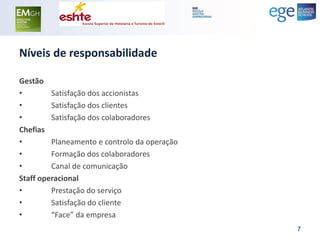 Níveis de responsabilidade 
Gestão 
• Satisfação dos accionistas 
• Satisfação dos clientes 
• Satisfação dos colaboradores 
Chefias 
• Planeamento e controlo da operação 
• Formação dos colaboradores 
• Canal de comunicação 
Staff operacional 
• Prestação do serviço 
• Satisfação do cliente 
• “Face” da empresa 
7  