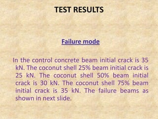 TEST RESULTS

Failure mode
In the control concrete beam initial crack is 35
kN. The coconut shell 25% beam initial crack i...