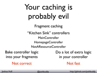 Your caching is
                probably evil
                     Fragment caching
                “Kitchen Sink” control...