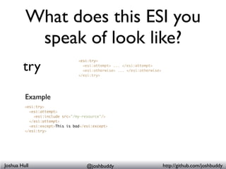 What does this ESI you
          speak of look like?
        include                  <esi:include src="URI" alt="URI" one...