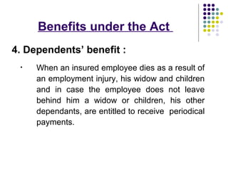 Benefits under the Act
4. Dependents’ benefit :
 •   When an insured employee dies as a result of
     an employment injury, his widow and children
     and in case the employee does not leave
     behind him a widow or children, his other
     dependants, are entitled to receive periodical
     payments.
 