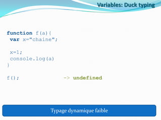 Variables: Duck typing

function f(a){
var x="chaine";
x=1;
console.log(a)
}
f();

-> undefined

Typage dynamique faible

 