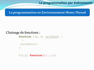 La programmation par événements
La programmation en Environnement Mono-Thread

Chainage de fonctions :
function f(a, b, callback) {
|
callback();
}
f(1,2, function(){...});

 