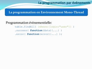 La programmation par événements
La programmation en Environnement Mono-Thread

Programmation évènementielle:
table.findAll( {where:{login:"user"}} )
.success( function(data){...} )
.error( function(error){...} );

 