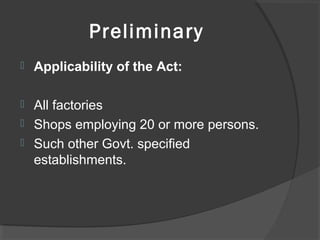 Preliminary
 Applicability of the Act:
 All factories
 Shops employing 20 or more persons.
 Such other Govt. specified
establishments.
 