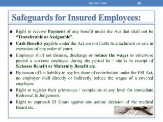 Right to receive Payment of any benefit under the Act that shall not be
“Transferable or Assignable”.
Cash Benefits payable under the Act are not liable to attachment or sale in
execution of any order of court.
Employer shall not dismiss, discharge or reduce the wages or otherwise
punish a covered employee during the period he / she is in receipt of
Sickness Benefit or Maternity Benefit etc.
By reason of his liability to pay his share of contribution under the ESI Act,
no employer shall directly or indirectly reduce the wages of a covered
employee.
Right to register their grievances / complaints at any level for immediate
Redressal & Judgement.
Right to approach EI Court against any action/ decision of the medical
Board etc.
ESI-ACT-1946 20
 