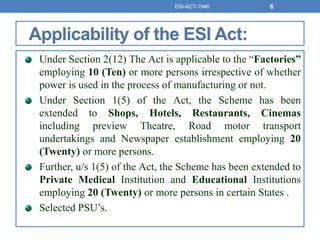 Under Section 2(12) The Act is applicable to the “Factories”
employing 10 (Ten) or more persons irrespective of whether
power is used in the process of manufacturing or not.
Under Section 1(5) of the Act, the Scheme has been
extended to Shops, Hotels, Restaurants, Cinemas
including preview Theatre, Road motor transport
undertakings and Newspaper establishment employing 20
(Twenty) or more persons.
Further, u/s 1(5) of the Act, the Scheme has been extended to
Private Medical Institution and Educational Institutions
employing 20 (Twenty) or more persons in certain States .
Selected PSU’s.
ESI-ACT-1946 6
 