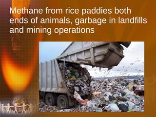 Methane from rice paddies both ends of animals, garbage in landfills and mining operations 