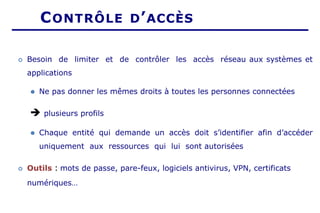 CONTRÔLE D’ACCÈS
 Besoin de limiter et de contrôler les accès réseau aux systèmes et
applications
⚫ Ne pas donner les mêmes droits à toutes les personnes connectées
➔ plusieurs profils
⚫ Chaque entité qui demande un accès doit s’identifier afin d’accéder
uniquement aux ressources qui lui sont autorisées
 Outils : mots de passe, pare-feux, logiciels antivirus, VPN, certificats
numériques…
 