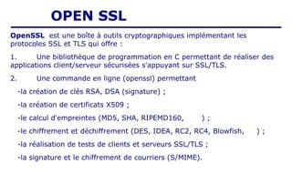 OpenSSL est une boîte à outils cryptographiques implémentant les
protocoles SSL et TLS qui offre :
1. Une bibliothèque de programmation en C permettant de réaliser des
applications client/serveur sécurisées s'appuyant sur SSL/TLS.
2. Une commande en ligne (openssl) permettant
-la création de clés RSA, DSA (signature) ;
-la création de certificats X509 ;
-le calcul d'empreintes (MD5, SHA, RIPEMD160, ) ;
-le chiffrement et déchiffrement (DES, IDEA, RC2, RC4, Blowfish, ) ;
-la réalisation de tests de clients et serveurs SSL/TLS ;
-la signature et le chiffrement de courriers (S/MIME).
OPEN SSL
 