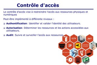 Le contrôle d'accès vise à restreindre l'accès aux ressources physiques et
numériques
Peut-être implémenté à différente niveaux :
❑ Authentification: Identifier et valider l'identité des utilisateurs.
❑ Autorisation: Déterminer les ressources et les actions accessibles aux
utilisateurs.
❑ Audit: Suivre et surveiller l'accès aux ressources.
Contrôle d'accès
 