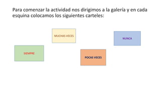 Para comenzar la actividad nos dirigimos a la galería y en cada
esquina colocamos los siguientes carteles:
SIEMPRE
MUCHAS ...