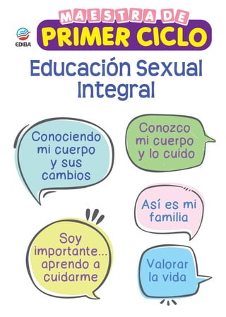 Educación Sexual
Integral
Soy
importante...
aprendo a
cuidarme
Conociendo
mi cuerpo
y sus
cambios
Conozco
mi cuerpo
y lo cuido
Valorar
la vida
Así es mi
familia
 