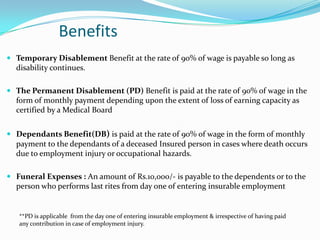 Benefits
 Temporary Disablement Benefit at the rate of 90% of wage is payable so long as
  disability continues.

 The Permanent Disablement (PD) Benefit is paid at the rate of 90% of wage in the
  form of monthly payment depending upon the extent of loss of earning capacity as
  certified by a Medical Board


 Dependants Benefit(DB) is paid at the rate of 90% of wage in the form of monthly
  payment to the dependants of a deceased Insured person in cases where death occurs
  due to employment injury or occupational hazards.

 Funeral Expenses : An amount of Rs.10,000/- is payable to the dependents or to the
  person who performs last rites from day one of entering insurable employment


   **PD is applicable from the day one of entering insurable employment & irrespective of having paid
   any contribution in case of employment injury.
 