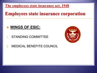 The employees state insurance act, 1948

Employees state insurance corporation


WINGS OF ESIC:

1.

STANDING COMMITTEE

2.

MEDICAL BENEFITS COUNCIL

 