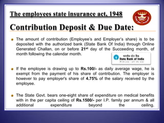The employees state insurance act, 1948

Contribution Deposit & Due Date:
The amount of contribution (Employee‟s and Employer‟s share) is to be
deposited with the authorized bank (State Bank Of India) through Online
Generated Challan, on or before 21st day of the Succeeding month, of
month following the calendar month.

If the employee is drawing up to Rs.100/- as daily average wage, he is
exempt from the payment of his share of contribution. The employer is
however to pay employer's share of 4.75% of the salary received by the
employee.
The State Govt. bears one-eight share of expenditure on medical benefits
with in the per capita ceiling of Rs.1500/- per I.P. family per annum & all
additional
expenditure
beyond
the
ceiling.

 