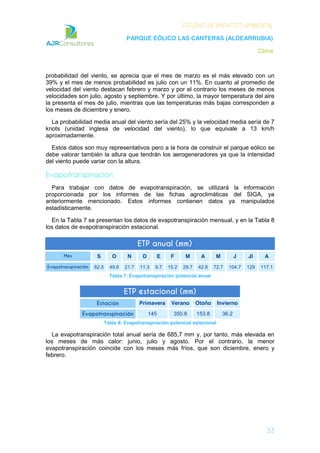 ESTUDIO DE IMPACTO AMBIENTAL
PARQUE EÓLICO LAS CANTERAS (ALDEARRUBIA)
Clima
33
probabilidad del viento, se aprecia que el mes de marzo es el más elevado con un
39% y el mes de menos probabilidad es julio con un 11%. En cuanto al promedio de
velocidad del viento destacan febrero y marzo y por el contrario los meses de menos
velocidades son julio, agosto y septiembre. Y por último, la mayor temperatura del aire
la presenta el mes de julio, mientras que las temperaturas más bajas corresponden a
los meses de diciembre y enero.
La probabilidad media anual del viento sería del 25% y la velocidad media sería de 7
knots (unidad inglesa de velocidad del viento), lo que equivale a 13 km/h
aproximadamente.
Estos datos son muy representativos pero a la hora de construir el parque eólico se
debe valorar también la altura que tendrán los aerogeneradores ya que la intensidad
del viento puede variar con la altura.
Evapotranspiración
Para trabajar con datos de evapotranspiración, se utilizará la información
proporcionada por los informes de las fichas agroclimáticas del SIGA, ya
anteriormente mencionado. Estos informes contienen datos ya manipulados
estadísticamente.
En la Tabla 7 se presentan los datos de evapotranspiración mensual, y en la Tabla 8
los datos de evapotranspiración estacional.
ETP anual (mm)
Mes S O N D E F M A M J Jl A
Evapotranspiración 82.5 49.6 21.7 11.3 9.7 15.2 29.7 42.6 72.7 104.7 129 117.1
Tabla 7: Evapotranspiración potencial anual
ETP estacional (mm)
Estación Primavera Verano Otoño Invierno
Evapotranspiración 145 350.8 153.8 36.2
Tabla 8: Evapotranspiración potencial estacional
La evapotranspiración total anual sería de 685,7 mm y, por tanto, más elevada en
los meses de más calor: junio, julio y agosto. Por el contrario, la menor
evapotranspiración coincide con los meses más fríos, que son diciembre, enero y
febrero.
 