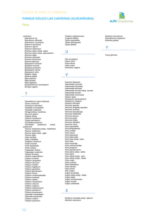 ESTUDIO DE IMPACTO AMBIENTAL
PARQUE EÓLICO LAS CANTERAS (ALDEARRUBIA)
Flora
90
contortum
Sisymbrium irio
Sisymbrium officinale
Sisymbrium runcinatum
Solanum dulcamara
Solanum nigrum
Solanum tuberosum
Sonchus asper subsp. asper
Sonchus asper subsp. glaucescens
Sonchus asper
Sonchus oleraceus
Sonchus tenerrimus
Sophora japonica
Sparganium erectum
Spergula arvensis
Spergula pentandra
Spergularia marina
Spergularia rubra
Stellaria media
Stellaria pallida
Stipa atlantica
Stipa barbata
Stipa lagascae
Symphyotrichum lanceolatum
Syringa vulgaris
T
Taeniatherum caput-medusae
Tamus communis
Taraxacum obovatum
Teesdalia coronopifolia
Teesdalia nudicaulis
Tetragonolobus maritimus
Teucrium polium
Thapsia villosa
Thesium humifusum
Thlaspi perfoliatum
Thymelaea passerina
Thymelaea pubescens subsp.
pubescens
Thymus mastichina subsp. mastichina
Thymus mastichina
Thymus zygis subsp. zygis
Thymus zygis
Tolpis barbata
Tolpis umbellata
Tordylium maximum
Torilis arvensis
Torilis leptophylla
Torilis nodosa
Tragopogon dubius
Tragopogon pratensis
Tribulus terrestris
Trifolium angustifolium
Trifolium arvense
Trifolium campestre
Trifolium cernuum
Trifolium cherleri
Trifolium fragiferum
Trifolium gemellum
Trifolium glomeratum
Trifolium hirtum
Trifolium ornithopodioides
Trifolium pratense
Trifolium repens
Trifolium resupinatum
Trifolium retusum
Trifolium scabrum
Trifolium subterraneum
Trifolium sylvaticum
Trifolium tomentosum
Trigonella monspeliaca
Trigonella polyceratia
Trisetum ovatum
Trisetum paniceum
Trisetum scabriusculum
Turgenia latifolia
Typha angustifolia
Typha domingensis
Typha latifolia
U
Ulex europaeus
Ulmus minor
Urtica dioica
Urtica urens
Utricularia vulgaris
V
Vaccaria hispanica
Valerianella coronata
Valerianella discoidea
Valerianella echinata
Valerianella locusta subsp. locusta
Valerianella locusta
Valerianella microcarpa
Velezia rigida
Verbascum pulverulentum
Verbascum virgatum
Verbena officinalis
Veronica agrestis
Veronica anagallis-aquatica
Veronica arvensis
Veronica beccabunga
Veronica hederifolia
Veronica persica
Veronica polita
Veronica triloba
Veronica triphyllos
Veronica verna
Vicia angustifolia
Vicia benghalensis
Vicia cordata
Vicia cracca
Vicia dasycarpa
Vicia lathyroides
Vicia lutea subsp. lutea
Vicia lutea
Vicia monantha
Vicia onobrychioides
Vicia peregrina
Vicia pseudocracca
Vicia sativa subsp. sativa
Vicia sativa
Vicia villosa subsp. varia
Vicia villosa subsp. villosa
Vinca major
Viola arvensis
Viola kitaibeliana
Viola odorata
Viola tricolor
Vitis vinifera
Vulpia bromoides
Vulpia ciliata subsp. ciliata
Vulpia ciliata
Vulpia membranacea
Vulpia muralis
Vulpia unilateralis
X
Xanthium orientale subsp. italicum
Xanthium spinosum
Xanthium strumarium
Xeranthemum inapertum
Xolantha guttata
Y
Yucca gloriosa
 
