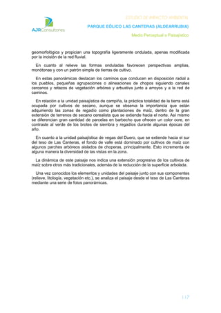 ESTUDIO DE IMPACTO AMBIENTAL
PARQUE EÓLICO LAS CANTERAS (ALDEARRUBIA)
Medio Perceptual o Paisajístico
117
geomorfológica y propician una topografía ligeramente ondulada, apenas modificada
por la incisión de la red fluvial.
En cuanto al relieve las formas onduladas favorecen perspectivas amplias,
monótonas y con un patrón simple de tierras de cultivo.
En estas panorámicas destacan los caminos que conducen en disposición radial a
los pueblos, pequeñas agrupaciones o alineaciones de chopos siguiendo canales
cercanos y retazos de vegetación arbórea y arbustiva junto a arroyos y a la red de
caminos.
En relación a la unidad paisajística de campiña, la práctica totalidad de la tierra está
ocupada por cultivos de secano, aunque se observa la importancia que están
adquiriendo las zonas de regadío como plantaciones de maíz, dentro de la gran
extensión de terrenos de secano cerealista que se extiende hacia el norte. Así mismo
se diferencian gran cantidad de parcelas en barbecho que ofrecen un color ocre, en
contraste al verde de los brotes de siembra y regadíos durante algunas épocas del
año.
En cuanto a la unidad paisajística de vegas del Duero, que se extiende hacia el sur
del teso de Las Canteras, el fondo de valle está dominado por cultivos de maíz con
algunos parches arbóreos aislados de choperas, principalmente. Esto incrementa de
alguna manera la diversidad de las vistas en la zona.
La dinámica de este paisaje nos indica una extensión progresiva de los cultivos de
maíz sobre otros más tradicionales, además de la reducción de la superficie arbolada.
Una vez conocidos los elementos y unidades del paisaje junto con sus componentes
(relieve, litología, vegetación etc.), se analiza el paisaje desde el teso de Las Canteras
mediante una serie de fotos panorámicas.
 