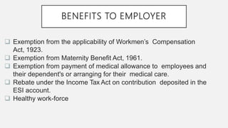 BENEFITS TO EMPLOYER
 Exemption from the applicability of Workmen’s Compensation
Act, 1923.
 Exemption from Maternity Benefit Act, 1961.
 Exemption from payment of medical allowance to employees and
their dependent's or arranging for their medical care.
 Rebate under the Income Tax Act on contribution deposited in the
ESI account.
 Healthy work-force
 