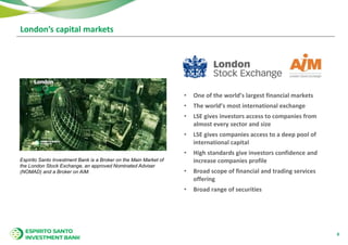 London’s capital markets
8
• One of the world’s largest financial markets
• The world’s most international exchange
• LSE gives investors access to companies from
almost every sector and size
• LSE gives companies access to a deep pool of
international capital
• High standards give investors confidence and
increase companies profile
• Broad scope of financial and trading services
offering
• Broad range of securities
Espírito Santo Investment Bank is a Broker on the Main Market of
the London Stock Exchange, an approved Nominated Adviser
(NOMAD) and a Broker on AIM.
 