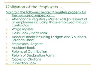Obligation of the Employers …
Maintain the following records/ registers properly for
    the purpose of inspection
2.  Attendance Registers / Muster Rolls (in respect of
    all employees including those employed through
    contractors)
3.  Wage register
4.  Cash Book / Bank Book
5.  Account Books including Ledgers and Vouchers,
    Balance Sheet.
6.  Employees’ Register
7.  Accident Book
8.  Returns of Contribution
9.  Return of Declaration Forms
10. Copies of Challans
11. Inspection Book
 