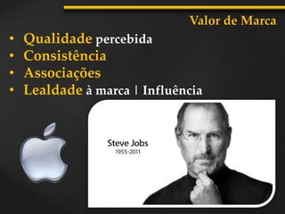 • Qualidade percebida
• Consistência
• Associações
• Lealdade à marca | Influência
Valor de Marca
 