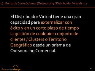 d) Punto de Corte Optimo, (Outsourcing / Distribuidor Virtual) - 11



       El Distribuidor Virtual tiene una gran
       capacidad para externalizar con
       éxito y en un corto plazo de tiempo
       la gestión de cualquier conjunto de
       clientes / Clusters o Territorio
       Geográfico desde un prisma de
       Outsourcing Comercial.


                                                                      117
Go2marketchange
 