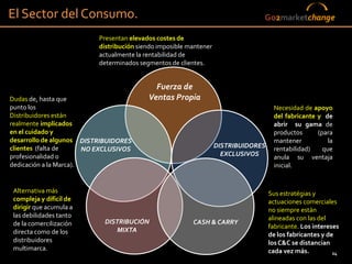 El Sector del Consumo.                                                           Go2marketchange

                           Presentan elevados costes de
                           distribución siendo imposible mantener
                           actualmente la rentabilidad de
                           determinados segmentos de clientes.


                                             Fuerza de
Dudas de, hasta que                        Ventas Propia
punto los                                                                             Necesidad de apoyo
Distribuidores están                                                                  del fabricante y de
realmente implicados                                                                  abrir su gama de
en el cuidado y                                                                       productos      (para
desarrollo de algunos DISTRIBUIDORES                                                  mantener           la
clientes (falta de                                                  DISTRIBUIDORES    rentabilidad)    que
                        NO EXCLUSIVOS
profesionalidad o                                                     EXCLUSIVOS      anula su ventaja
dedicación a la Marca).                                                               inicial.


 Alternativa más                                                                     Sus estratégias y
 compleja y díficil de                                                               actuaciones comerciales
 dirigir que acumula a                                                               no siempre están
 las debilidades tanto                                                               alineadas con las del
 de la comercilización      DISTRIBUCIÓN                  CASH & CARRY
                                                                                     fabricante. Los intereses
 directa como de los           MIXTA
                                                                                     de los fabricantes y de
 distribuidores                                                                      los C&C se distancian
 multimarca.                                                                         cada vez más.          24
 
