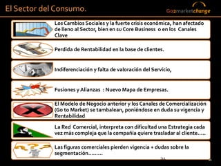 El Sector del Consumo.                                         Go2marketchange

             Los Cambios Sociales y la fuerte crisis económica, han afectado
             de lleno al Sector, bien en su Core Business o en los Canales
             Clave

             Perdida de Rentabilidad en la base de clientes.


             Indiferenciación y falta de valoración del Servicio,


             Fusiones y Alianzas : Nuevo Mapa de Empresas.

             El Modelo de Negocio anterior y los Canales de Comercialización
             (Go to Market) se tambalean, poniéndose en duda su vigencia y
             Rentabilidad
             La Red Comercial, interpreta con dificultad una Estrategia cada
             vez más compleja que la compañía quiere trasladar al cliente…..

             Las figuras comerciales pierden vigencia + dudas sobre la
             segmentación………
                                                          34                   34
 