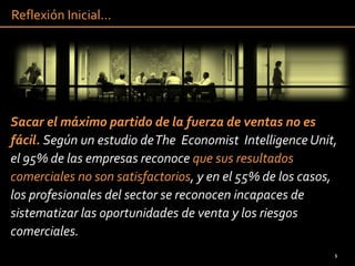 Reflexión Inicial…




Sacar el máximo partido de la fuerza de ventas no es
fácil. Según un estudio de The Economist Intelligence Unit,
el 95% de las empresas reconoce que sus resultados
comerciales no son satisfactorios, y en el 55% de los casos,
los profesionales del sector se reconocen incapaces de
sistematizar las oportunidades de venta y los riesgos
comerciales.
                     ©Global Market Business Advisers 2011   5   5
 