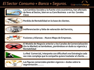 El Sector Consumo + Banca + Seguros.                         Go2marketchange

           Los Cambios Sociales y la fuerte crisis económica, han afectado
           de lleno al Sector, bien en su Core Business o en los Canales
           Clave

           Perdida de Rentabilidad en la base de clientes.


           Indiferenciación y falta de valoración del Servicio,


           Fusiones y Alianzas : Nuevo Mapa de Empresas.

           El Modelo de Negocio anterior y los Canales de Comercialización
           (Go to Market) se tambalean, poniéndose en duda su vigencia y
           Rentabilidad
           La Red Comercial, interpreta con dificultad una Estrategia cada
           vez más compleja que la compañía quiere trasladar al cliente…..

           Las figuras comerciales pierden vigencia + dudas sobre la
           segmentación………
                                                        57                   57
 