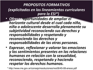 PROPOSITOS FORMATIVOS
(explicitados en los lineamientos curriculares
para la ESI*)
• Ofrecer oportunidades de ampliar el
horizonte cultural desde el cual cada niño,
niña o adolescente desarrolla plenamente su
subjetividad reconociendo sus derechos y
responsabilidades y respetando y
reconociendo los derechos y
responsabilidades de las otras personas.
• Expresar, reflexionar y valorar las emociones
y los sentimientos presentes en las relaciones
humanas en relación con la sexualidad,
reconociendo, respetando y haciendo
respetar los derechos humanos.
* http://www.me.gov.ar/consejo/resoluciones/res08/45-08-anexo.pdf
 