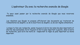 L’opérateur Ou avec la recherche avancée de Google
Tu peux aussi passer par la recherche avancée de Google que nous reverrons
ensemble.
Les résultats que Google te propose afficheront des documents qui traiteront de
l'alimentation du dauphin, ou de la nourriture du dauphin, ou de son régime alimentaire.
Lorsque tu fais une recherche, pense toujours à écrire les noms les plus importants et
cherche des synonymes. Écris toujours le mot le plus important à gauche, dans la barre
de recherche, puis écris les mots en respectant la règle du plus important au moins
important.
 