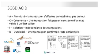 SGBD ACID
• A – Atomicité – la transaction s’effectue en totalité ou pas du tout
• C – Cohérence – Une transaction fait passer le système d’un état
valide à un état valide
• I – Isolation – Indépendance des transactions
• D – Durabilité – Une transaction confirmée reste enregistrée
 