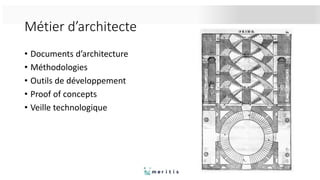 Métier d’architecte
• Documents d’architecture
• Méthodologies
• Outils de développement
• Proof of concepts
• Veille technologique
 