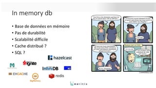 In memory db
• Base de données en mémoire
• Pas de durabilité
• Scalabilité difficile
• Cache distribué ?
• SQL ?
 